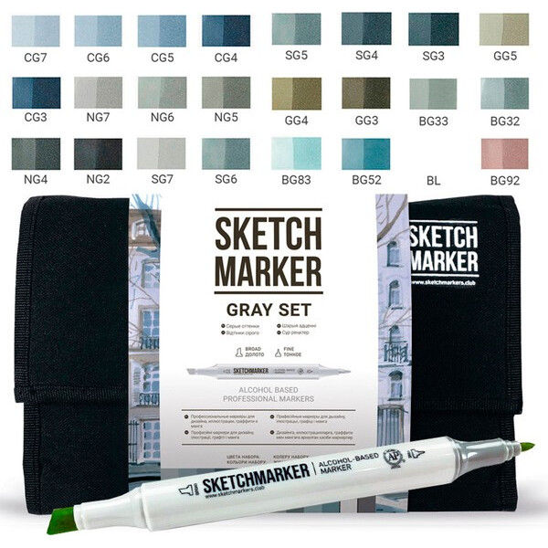 

Набор маркеров SKETCHMARKER Серые тона 24 цвета + сумка (24gray)