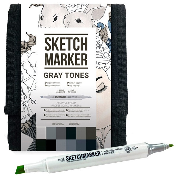 

Набор маркеров SKETCHMARKER Серые тона 12 цветов + сумка (12gray)