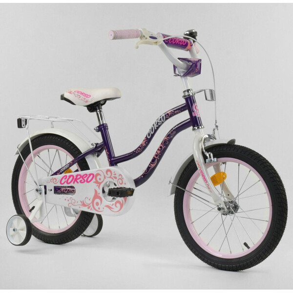 

Велосипед 16" дюймов 2-х колёсный "CORSO" Т-21255 (1) ФИОЛЕТОВЫЙ, ручной тормоз, звоночек, доп. колеса, СОБРАННЫЙ НА 75