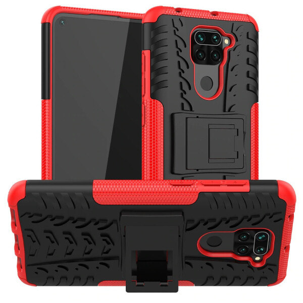 

Чехол Armored для Xiaomi Redmi Note 9 противоударный бампер с подставкой красный