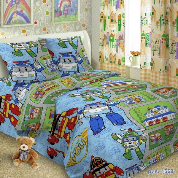 

Детское постельное белье Поли Робокар, 150x220 см, Подростковый Комплект
