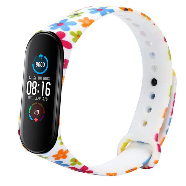 

Силиконовый ремешок с рисунком для Xiaomi Mi Band 5 Разноцветные цветы/Белый (141697)