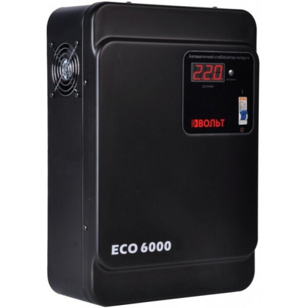 

Стабилизатор напряжения настенный релейный Вольт ECO-6000, 8000VA, 6000ВТ, LCD, 6 ступеней, 120-300V, 220 ± 7%, клемы, Металл, B