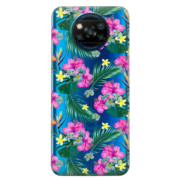 

Xiaomi Poco X3 чехол из прозрачного силикона с рисунком - Тропические цветы (KS6804)