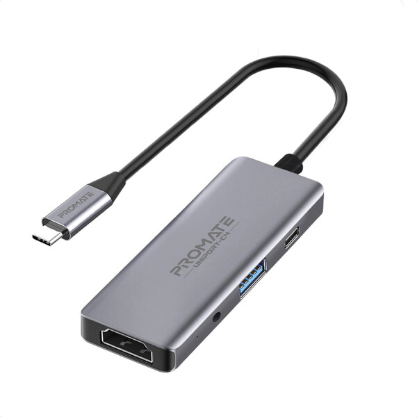 

USB-C хаб 4-в-1 Promate UniPort-C4 USB-C PD/HDMI/2xUSB 3.0/AUX 3.5мм Grey (uniport-c4.grey)
