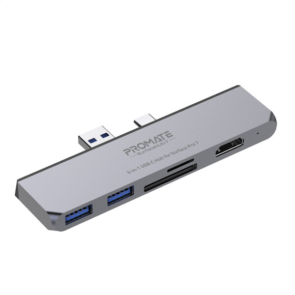 

USB-C хаб 6-в-1 Promate SurfaceHub-7 HDMI/2xUSB 3.1/USB-C 3.1/SD/MicroSD Grey (surfacehub-7.grey)