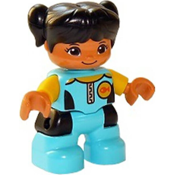 

LEGO DUPLO Duplo Figure Lego Ville, Child Girl, Medium Azure Diving Suit, Yellow Arms, Black Hair with Ponytails (47205pb067)