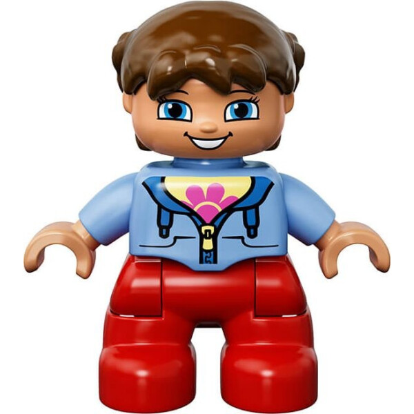 

LEGO DUPLO Duplo Figure Lego Ville, Child Girl, Red Legs, Medium Blue Jacket over Shirt with Flower, Reddish Brown Pigtails (47205pb030)