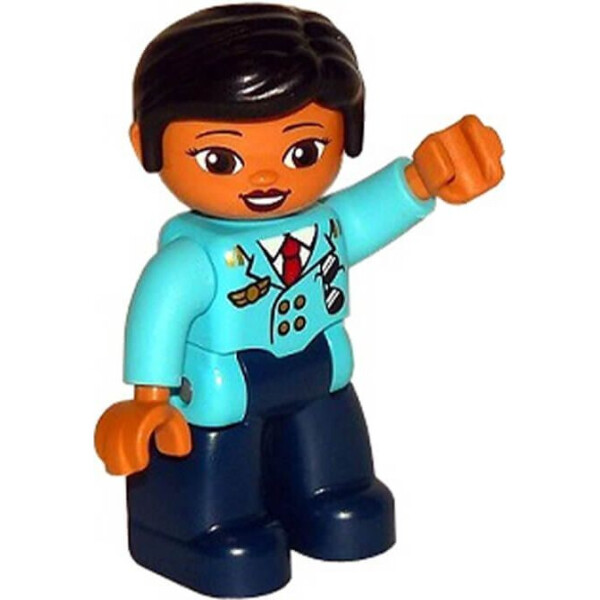 

LEGO DUPLO Duplo Figure Lego Ville, Female Pilot, Dark Blue Legs, Medium Azure Top with Red Tie, Black Hair (47394pb249)