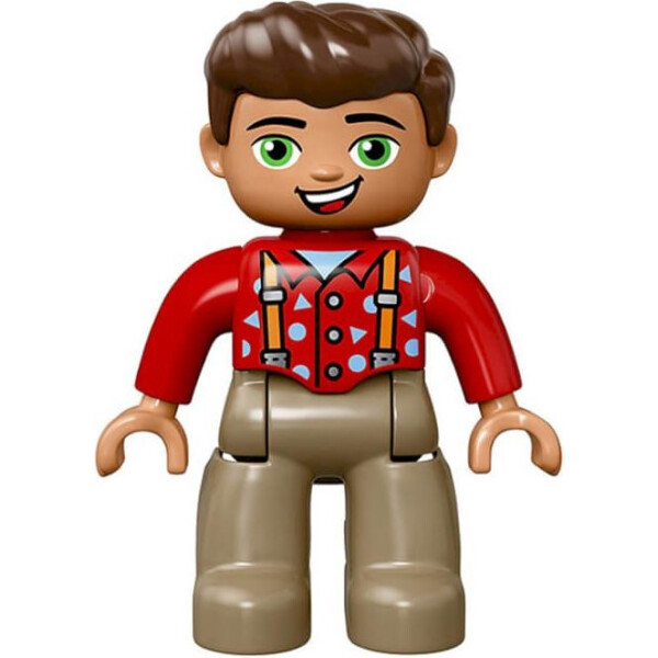 

LEGO DUPLO Duplo Figure Lego Ville, Male, Dark Tan Legs, Red Top with Suspenders, Dark Brown Hair (47394pb220)