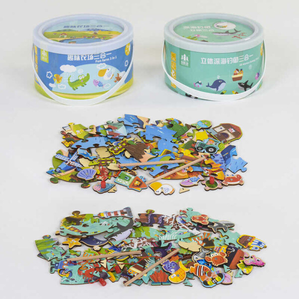 

Деревянная игра "3в1" C 39985 (30) рыбалка, пазл, 3д-картинка, 2 вида, в ведре
