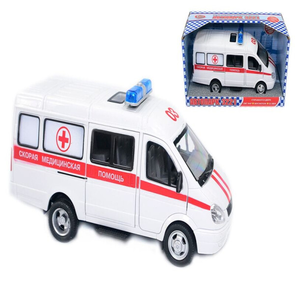 

Машина 9098 C (24/2) "Скорая помощь" открываются двери, звук, свет фар, на батарейках, в коробке