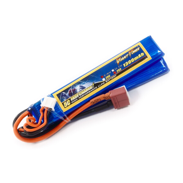 

Аккумулятор для страйкбола Giant Power (Dinogy) Li-Pol 7.4V 2S 1300mAh 25C 2 лепестка 7.5х20х103мм T-Plug