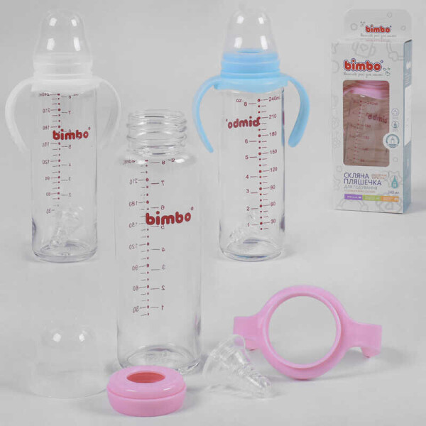 

Бутылочка стеклянная 33812 (48) с силиконовой соской, "BIMBO", 240 мл, 3 цвета, 1шт в коробке