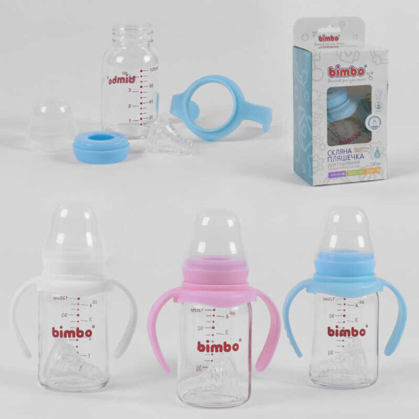 

Бутылочка стеклянная 55870 (48) с силиконовой соской, "BIMBO", 120 мл, 3 цвета, 1шт в коробке