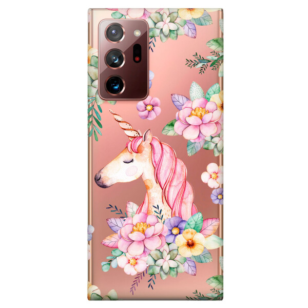

Прозрачный силиконовый чехол iSwag для Samsung Galaxy Note 20 Ultra с рисунком - Единорог в цветах (KS4795)