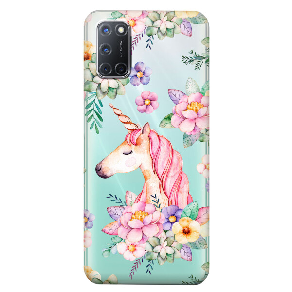 

Прозрачный силиконовый чехол iSwag для OPPO A72 с рисунком - Единорог в цветах (KS5095)