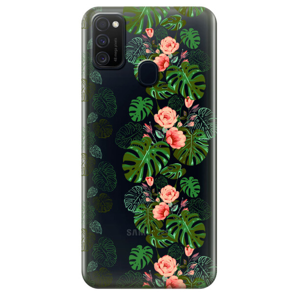 

Прозрачный силиконовый чехол iSwag для Samsung Galaxy M21 с рисунком - Тропические листья (M1766)