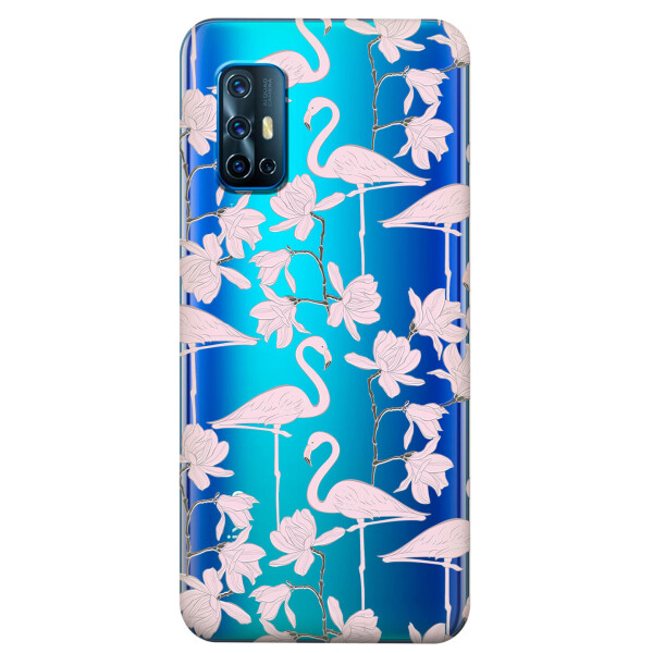 

Прозрачный силиконовый чехол iSwag для Vivo V19 с рисунком - Розовые фламинго (KS5714)