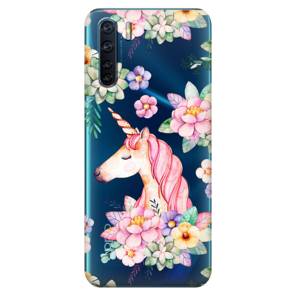 

Прозрачный силиконовый чехол iSwag для OPPO A91 с рисунком - Единорог в цветах (KS5995)
