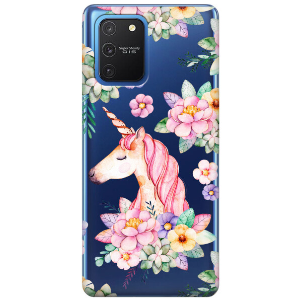 

Прозрачный силиконовый чехол iSwag для Samsung Galaxy S10 Lite с рисунком - Единорог в цветах (KS3445)