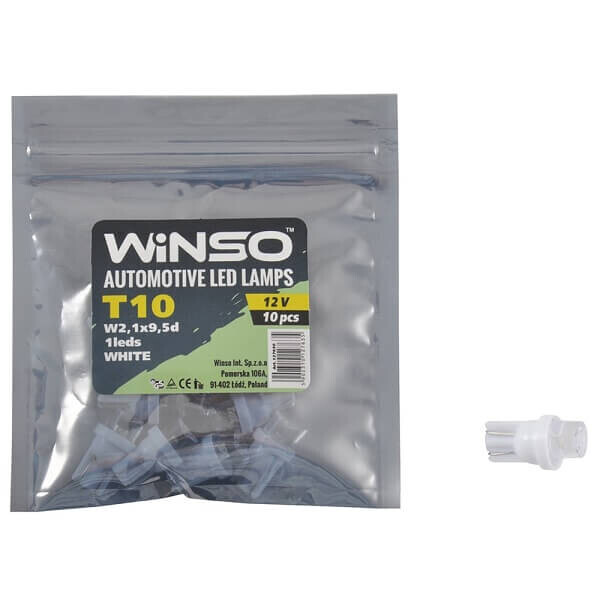 

Автолампа WINSO 12V FLUX T10 W2.1x9.5d 1LED white 10шт.уп. 127630