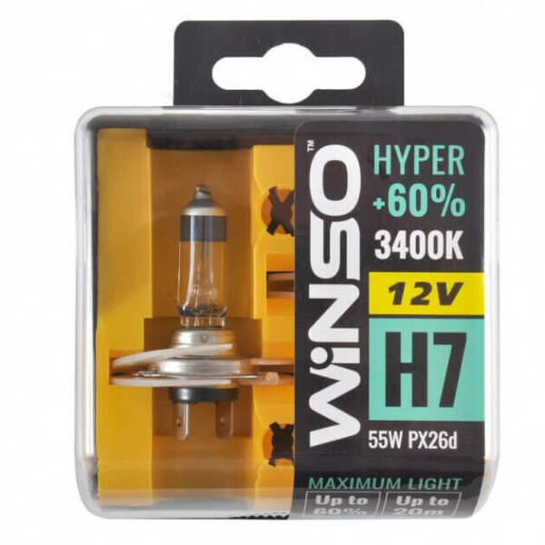 

Галогенные лампы Winso HYPER +60% H7 12V 55W PX26d 3400K 2 шт (712730)