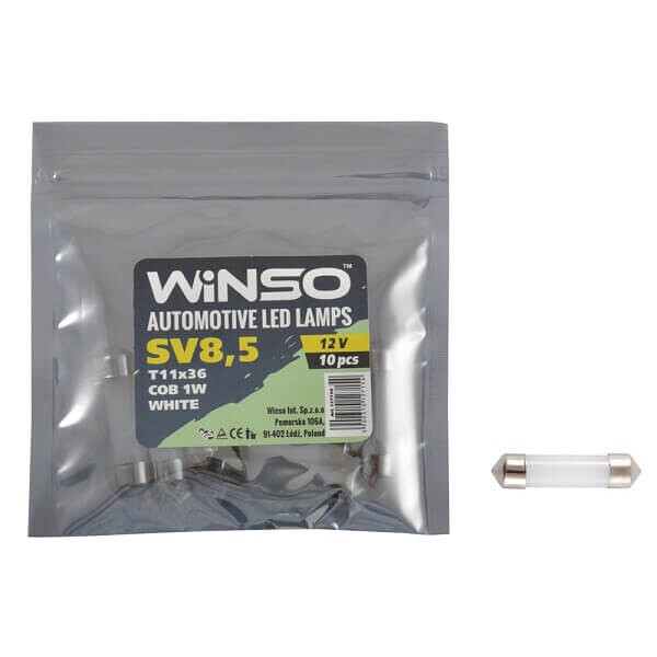

Автолампа WINSO 12V COB SV8.5 T11x36 1LED 1W white 10шт.уп. 127150
