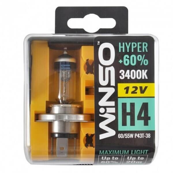

Галогенные лампы Winso HYPER +60% H4 12V 60/55W P43t-38 3400K 2 шт (712430)