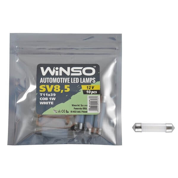 

Автолампа WINSO 12V COB SV8.5 T11x39 1LED 1W white 10шт.уп. 127160
