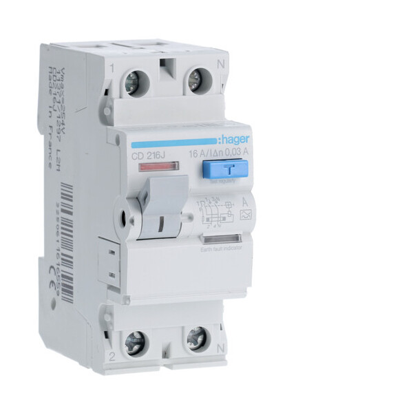 

Дифференциальное реле УЗО Hager CD216J 2P 16A 30mA тип A устройство защитного отключения дифреле(3351)