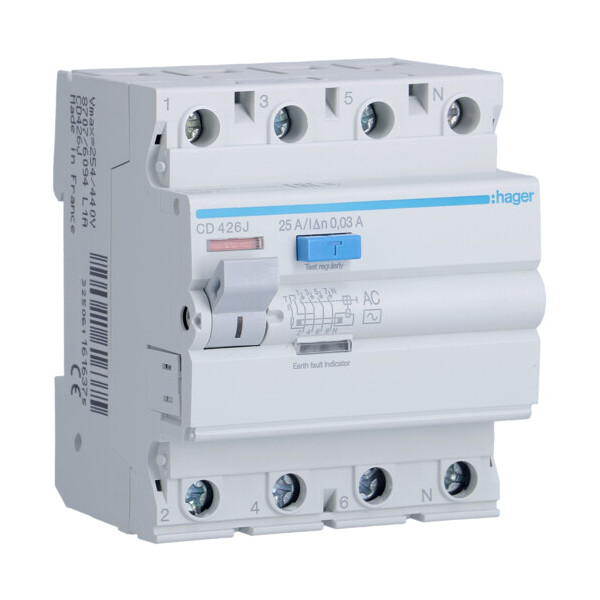 

Дифференциальное реле УЗО Hager CD426J 4P 25A 30mA тип AC устройство защитного отключения дифреле(3387)