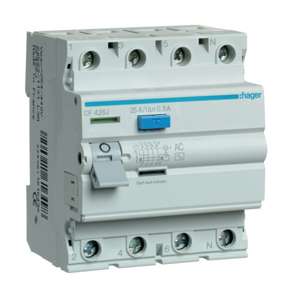 

Дифференциальное реле УЗО Hager CF426J 4P 25A 300mA тип AC устройство защитного отключения дифреле(3393)