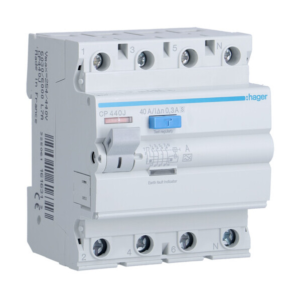 

Дифференциальное реле УЗО Hager CP440J 4P 40A 300mA тип A S селективное устройство защитного отключения дифреле(3382)