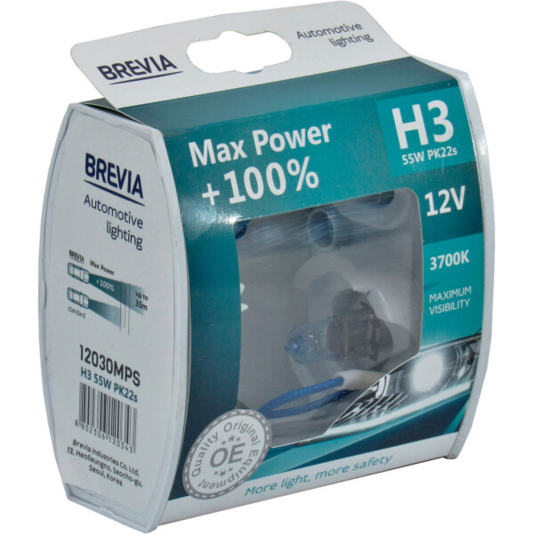 

Лампочка галогенная H3 PK22s 12V-55Вт (Brevia) +100 (Max Power) (кт. 2шт.) 12030MPS