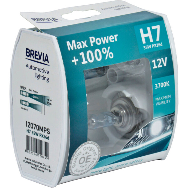 

Лампочка галогенная H7 PX26d 12V-55Вт (Brevia) +100 (Max Power) (кт. 2шт.) 12070MPS