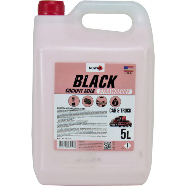 

Полироль молочко для пластика (Nowax) Black Cockpit Milk Strawberry 5л. (Концентрат) NX05148