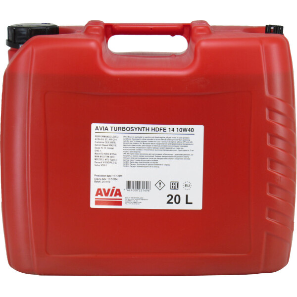 

Моторное масло бензин, дизель 10W-40 (AVIA) TURBOSYNTH HDFE14 20л.