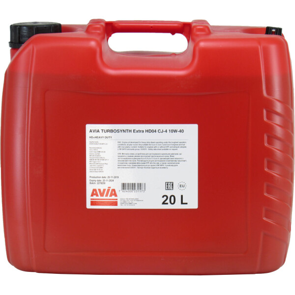 

Моторное масло бензин, дизель 10W-40 (AVIA) TURBOSYNTH Extra HD04 20л.