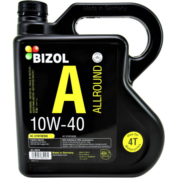 

Моторное масло бензин, дизель 10W-40 (Bizol) Allround 4л. B83016