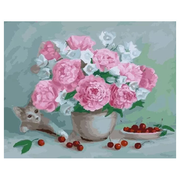 

Картина по номерам. Rainbow Art Цветы,вишни и котёнок GX23647-RA