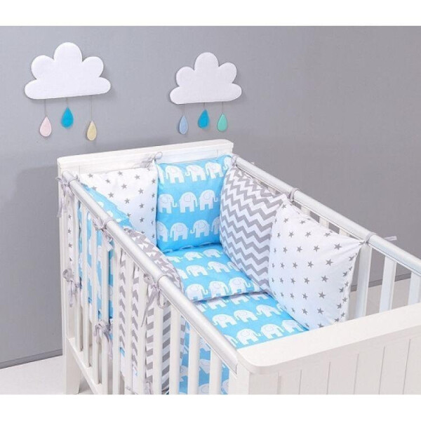 

Комплект в детскую кроватку для новорожденных Хатка 9 в 1 Слоны на голубом с серыми звездами (1529)