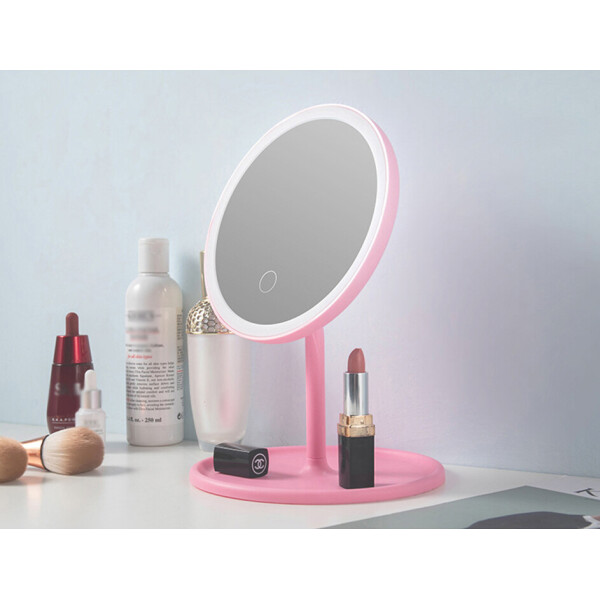 

Круглое настольное зеркало с подсветкой и вентилятором Beauty Breeze Mirror для нанесения косметики розовое