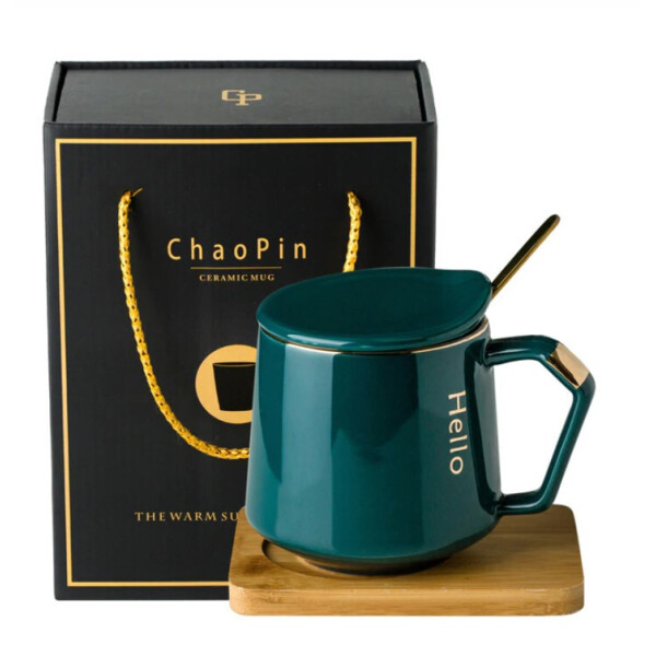 

Кружка с Крышкой деревянной Подставкой и Ложечкой Hello ChaoPin 380 мл керамическая изумрудный