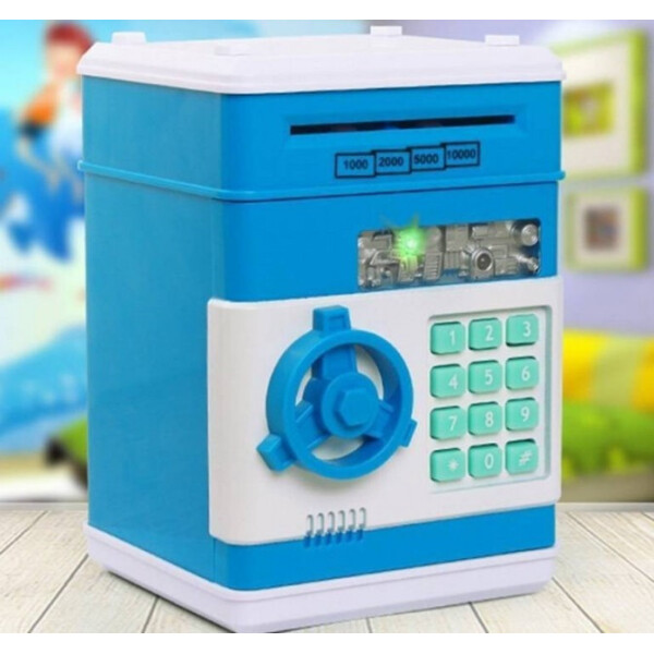 

Копилка сейф детский банкомат Number Bank для монет и купюр голубой + батарейки