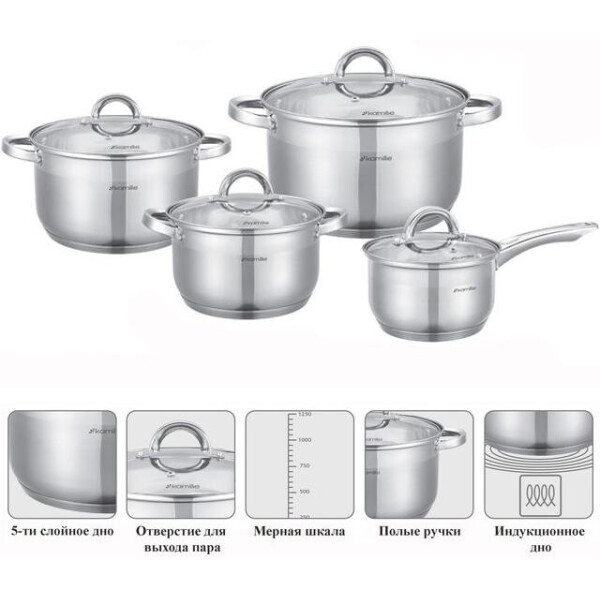 

Набор посуды Glass Strip 3 кастрюли 2.9л, 3.9л, 6.5л и ковш 2.1л Kamille KM-5632S