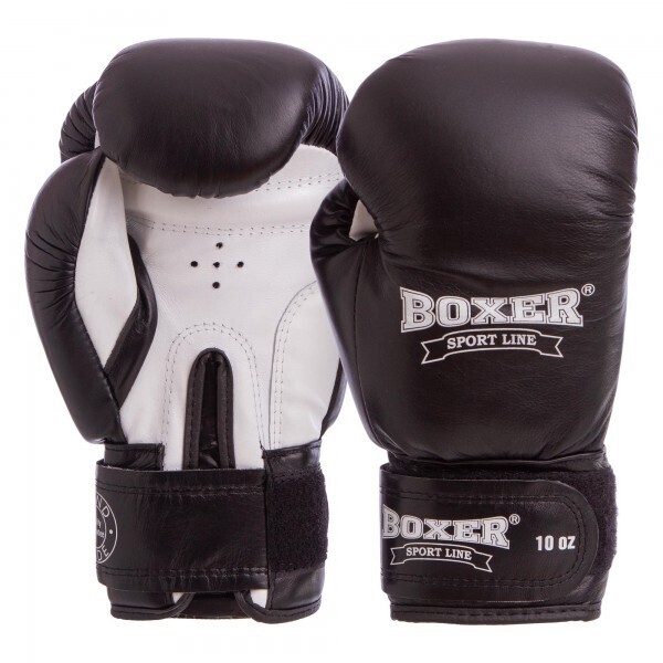 

Перчатки боксерские кожаные на липучке BOXER 2023,р-р 10 черный-белый