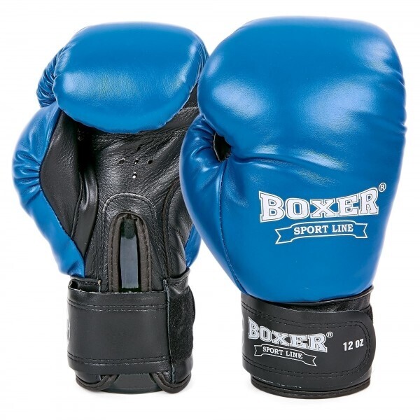 

Перчатки боксерские кожаные на липучке BOXER 2023,р-р 12 черный-синий