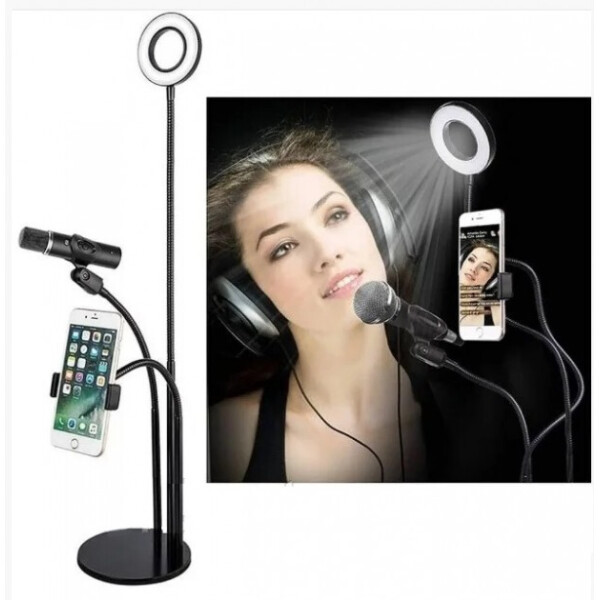 

Держатель для телефона Live Streaming 3в1 с LED подсветкой кольцо с держателем для микрофона набор блогера для прямых трансляций Черный