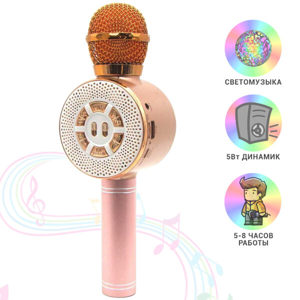 Акция на Детский микрофон Wster с функцией караоке USB, microSD, AUX, Bluetooth WS 669 Розовый с золотым от Allo UA